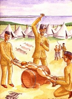 Flogging of boy over a barrel